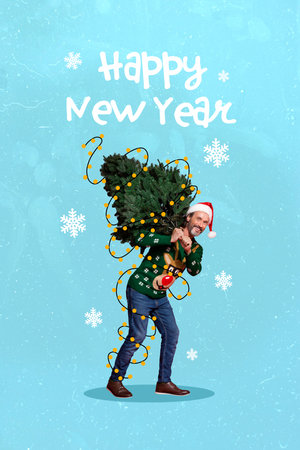 Holly christmas holiday collage concept of mature man ugly sweater for happy new year drag decorative xmas tree isolated on blue backgroundの写真素材