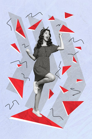 Vertical collage of overjoyed satisfied black white colors girl raise fists accomplishment luck...