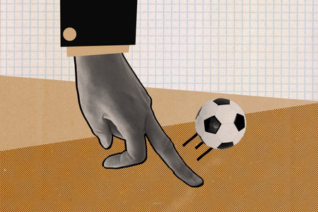 Concept of fingers soccer collage illustration mini football game by hands sports hobby isolated on drawing yellow checkered backgroundの写真素材