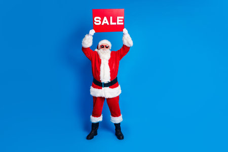 Full size photo of mature pensioner man raise sale plant banner wear trendy santa claus costume coat...