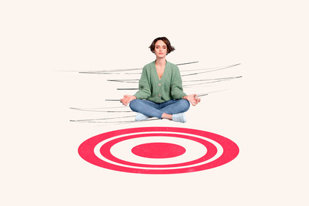 Pop template collage of young calm lady meditating sitting under darts board target dreaming her career isolated on beige backgroundの写真素材