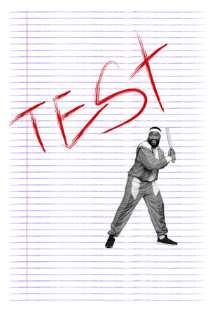 3d retro abstract creative artwork template collage of cool funky guy rising batter passing test...