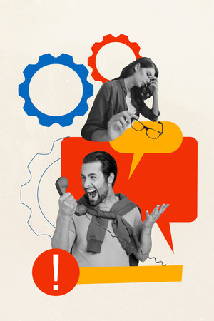 Collage of pinup pop retro sketch of angry client yelling tired worker female speech bubble surrealism template metaphor artwork conceptの写真素材