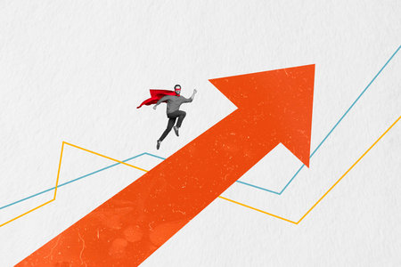 Composite collage image of funny man energetic super man fly up arrow point career goal surrealism template metaphor artwork conceptの写真素材