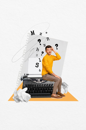 Collage of pinup pop retro sketch of young man sit typewriter confused letters novel writing surrealism template metaphor artwork conceptの写真素材