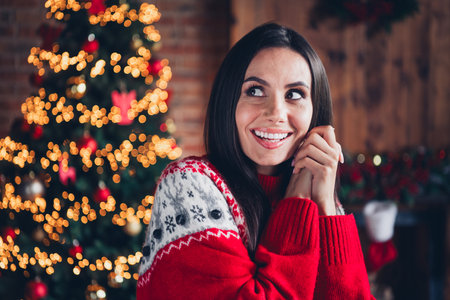 Photo of cheerful excited girl dressed red ornament jumper rejoicing christmas festal weekend...