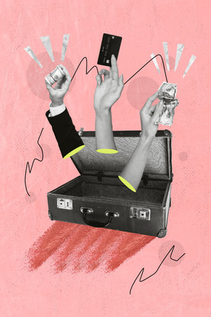 Vertical collage of black white effect arms inside opened valise hold dollar bills debit card...