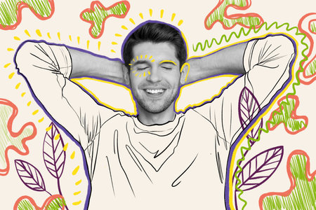 Composite abstract creative photo collage of optimistic funny man hold arms behind head watch dreams isolated on drawing backgroundの写真素材