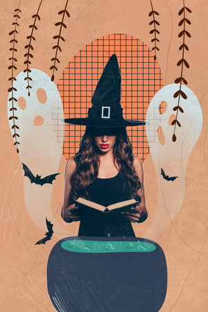 Vertical composite creative photo collage of gorgeous witch read spell book cooking love elixir in caudron isolated painted backgroundの写真素材