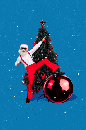 3d retro abstract creative artwork template collage of cool funky claus decorating xmas tree isolated blue color backgroundの写真素材