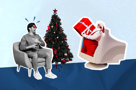 Exclusive magazine picture sketch collage image of impressed funky guy watching x-mas tv shows...