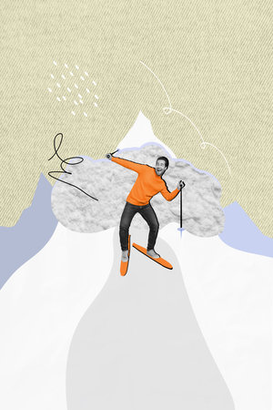 Artwork collage picture of smiling excited guy celebrating xmas ski resort isolated drawing backgroundの写真素材