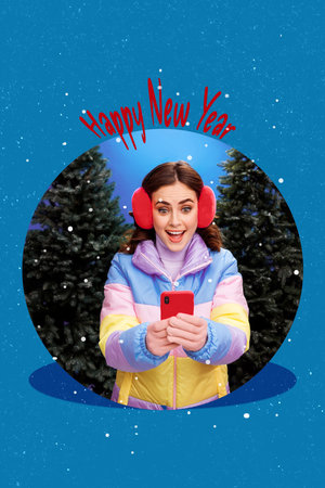 Creative 3d photo artwork graphics collage painting of excited funny lady typing x-mas greetings isolated blue color background