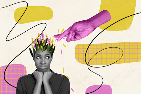 Creative 3d photo artwork graphics collage painting of arm scissors cutting flowers hairdo isolated drawing backgroundの写真素材