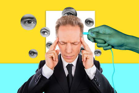 Photo cartoon comics sketch collage picture of tired upset guy needing brain charge isolated creative backgroundの写真素材
