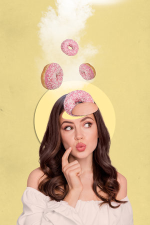 Creative template graphics collage image of funny thoughtful lady dreaming fresh donuts isolated yellow color backgroundの写真素材
