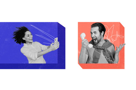 Creative sketch pop collage illustration of young irritated man customer calling technical support woman isolated on white backgroundの写真素材