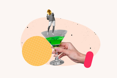 Poster collage of funny man in summer clothing wear monkey gorilla mask hold tequila glass at party isolated on beige color backgroundの写真素材