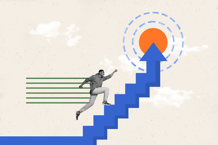 Collage picture of mini black white colors guy run climb stairs upwards arrow pointer indicator target goal painted clouds skyの写真素材