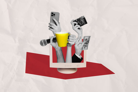 Collage 3d image of different content channels on television politics news entertainment and morning show isolated on white backgroundの写真素材