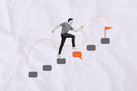 Creative collage image of energetic motivated guy running settle flag top abstract stairs reaching...