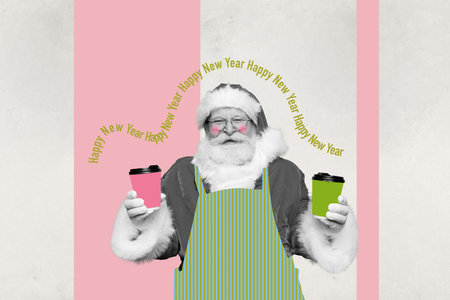 Collage pinup pop retro of funny smiling santa claus serving new year beverages isolated painting backgroundの写真素材