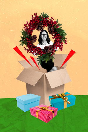 Vertical collage picture of excited black white colors girl hold christmas wreath inside carton box giftbox isolated on beige paper backgroundの写真素材