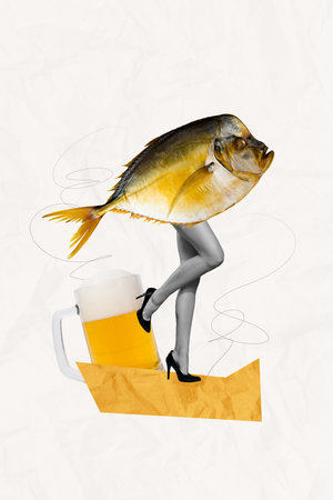 Composite collage image of beer mug salty fish woman legs high heels shoes bar cook eat food...