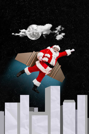 Creative collage image of excited funky santa flying delivering new year gifts isolated black color backgroundの写真素材