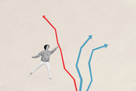Creative trend collage of young business lady hold red graphic chart profit stats diagram increase skill level isolated on beige backgroundの写真素材