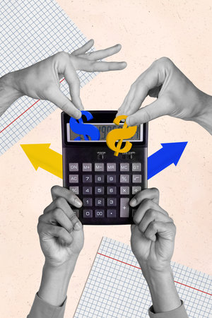 3d retro abstract creative artwork template collage of arms counting money calculator isolated painting backgroundの写真素材