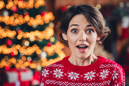 Portrait of funny young surprised girl bob brown hair unbelievable magic fairy winter season christmas tree isolated indoors backgroundの写真素材