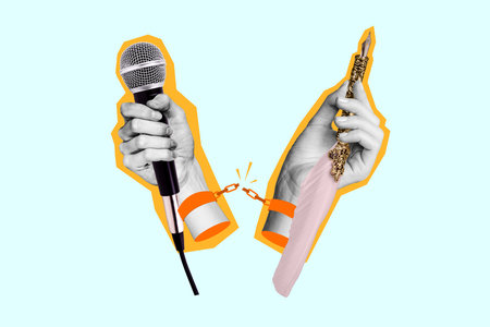 Collage image picture of two arms holding microphone pen writing news article report isolated on drawing backgroundの写真素材