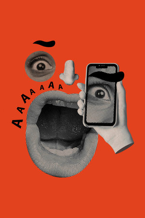Photo cartoon comics sketch collage picture of face parts screaming aaa modern device isolated...