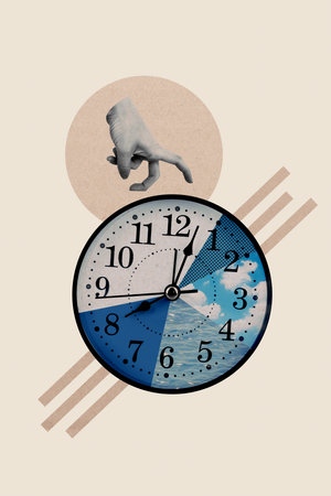 Cartoon collage artwork illustration template image of human arm fingers walking over alarm clock isolated on beige color backgroundの写真素材