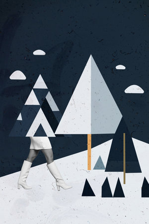 Vertical collage picture of black white colors girl legs christmas tree walk snowy forest isolated on drawing creative backgroundの写真素材