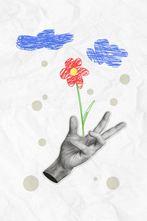 Vertical creative photo abstract composite collage of hand holding painted flower under drawing clouds isolated on colorful backgroundの写真素材
