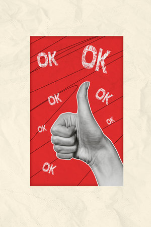 3d retro abstract creative artwork template collage of arms showing thumb up okey gesture isolated...