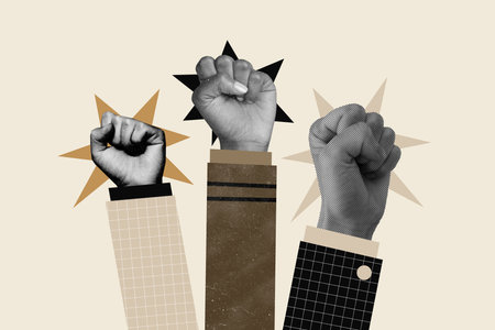 Composite collage picture of black white colors people arms raise fists punch protest showing power isolated on painted backgroundの写真素材
