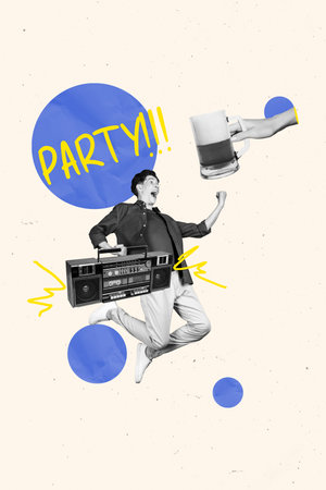 Vertical template collage invitation guy to local beer party celebrate with disco tape recorder nostalgia isolated on beige backgroundの写真素材