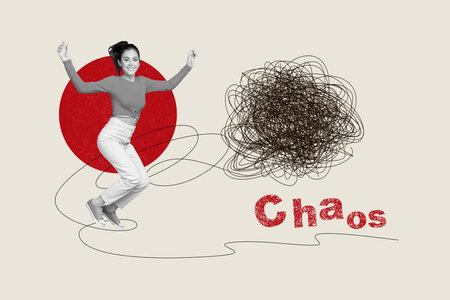 Creative abstract template collage of positive young girl jump excited tangled string chaos thought freak bizarre unusual fantasy billboardの写真素材