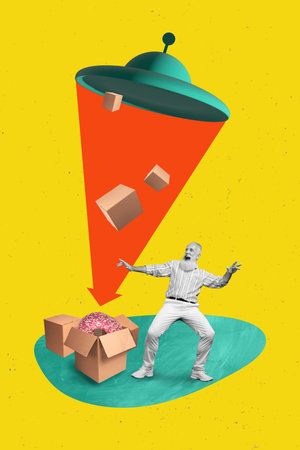 Vertical collage of old age man unexpected abduction ufo spacecraft steal his carton box tasty donut...