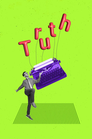 Vertical composite photo collage of positive good mood man look at typewriter telling truth isolated...