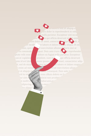 Creative 3d picture artwork collage poster of holding hand magnet attract sympathy in date app hearts isolated on gray color backgroundの写真素材