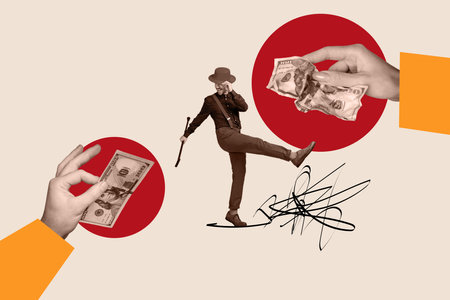 Poster collage of happy funky guy celebrating success wealth receive give crumpled banknotes isolated on drawing colorful backgroundの写真素材