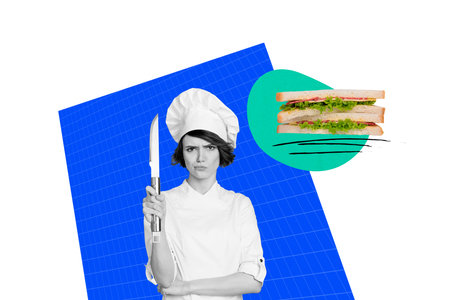 Photo collage artwork minimal picture of doubtful unsure lady rising knife dislike prepared sandwich isolated graphical backgroundの写真素材