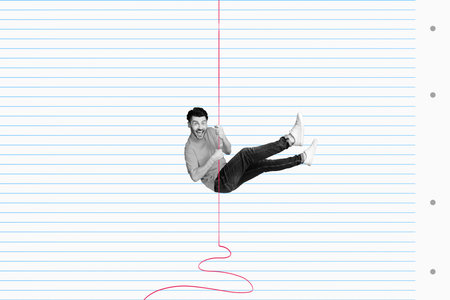 Composite photo collage illustration of excited funky overjoyed nerd guy holding hang rope inside book lines paper page on backgroundの写真素材