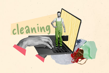 Exclusive collage magazine artwork picture of smiling professional cleaning expert use professional service isolated on beige backgroundの写真素材