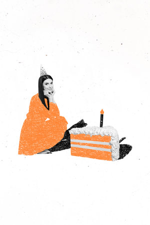 Vertical collage pretty woman wearing orange hand drawn dress with birthday cone hat dream eat piece...
