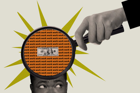 Sketch image collage of arm holding magnifier exploring mind brain money addiction isolated on painted backgroundの写真素材